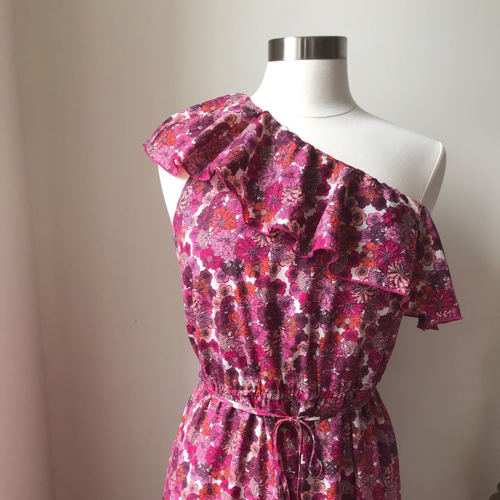 Floral Pink One Shoulder Ruffle Maxi Dress - Picture 2 of 6